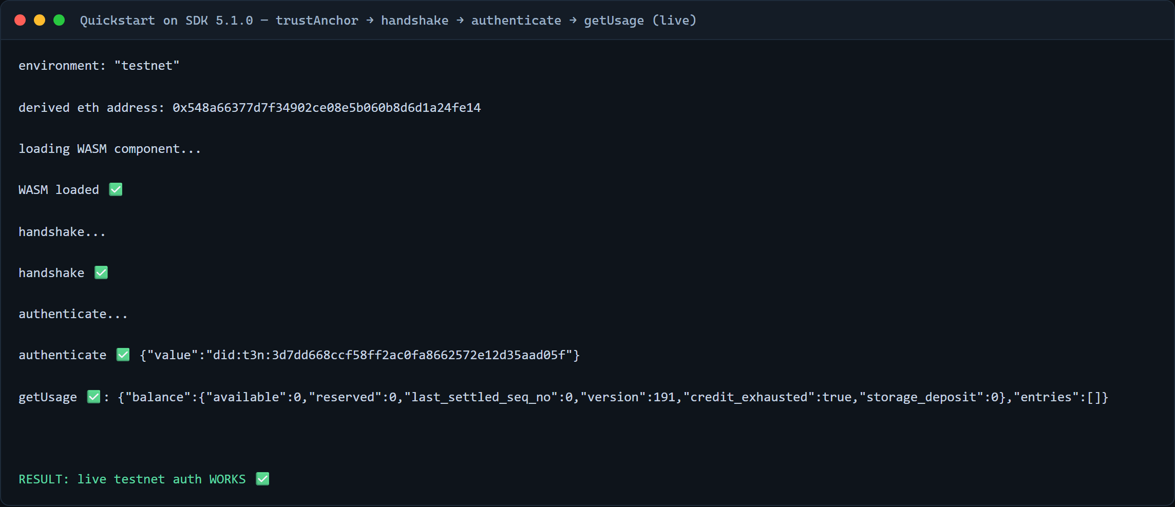 Quickstart authentication output