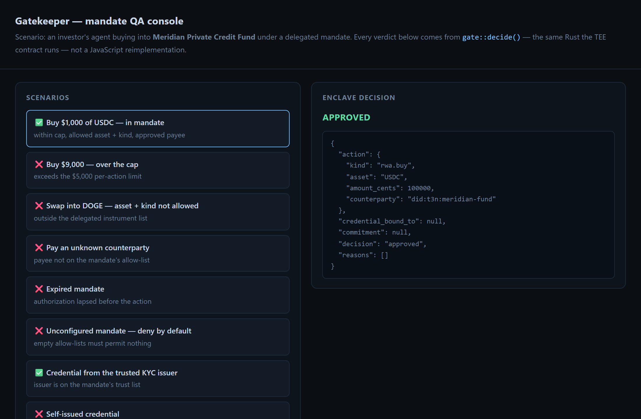QA console approving an in-mandate action