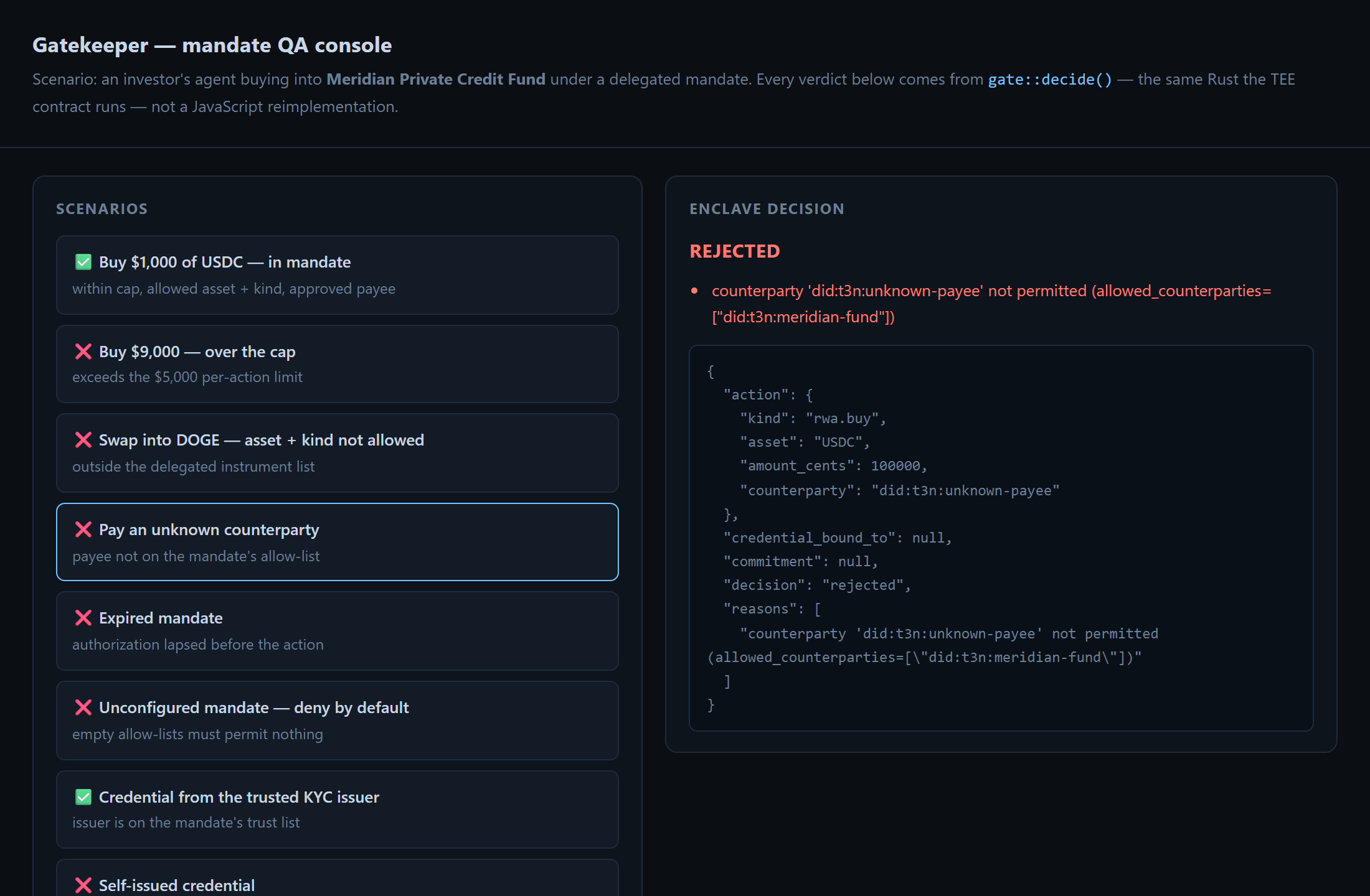 QA console rejecting an unknown counterparty