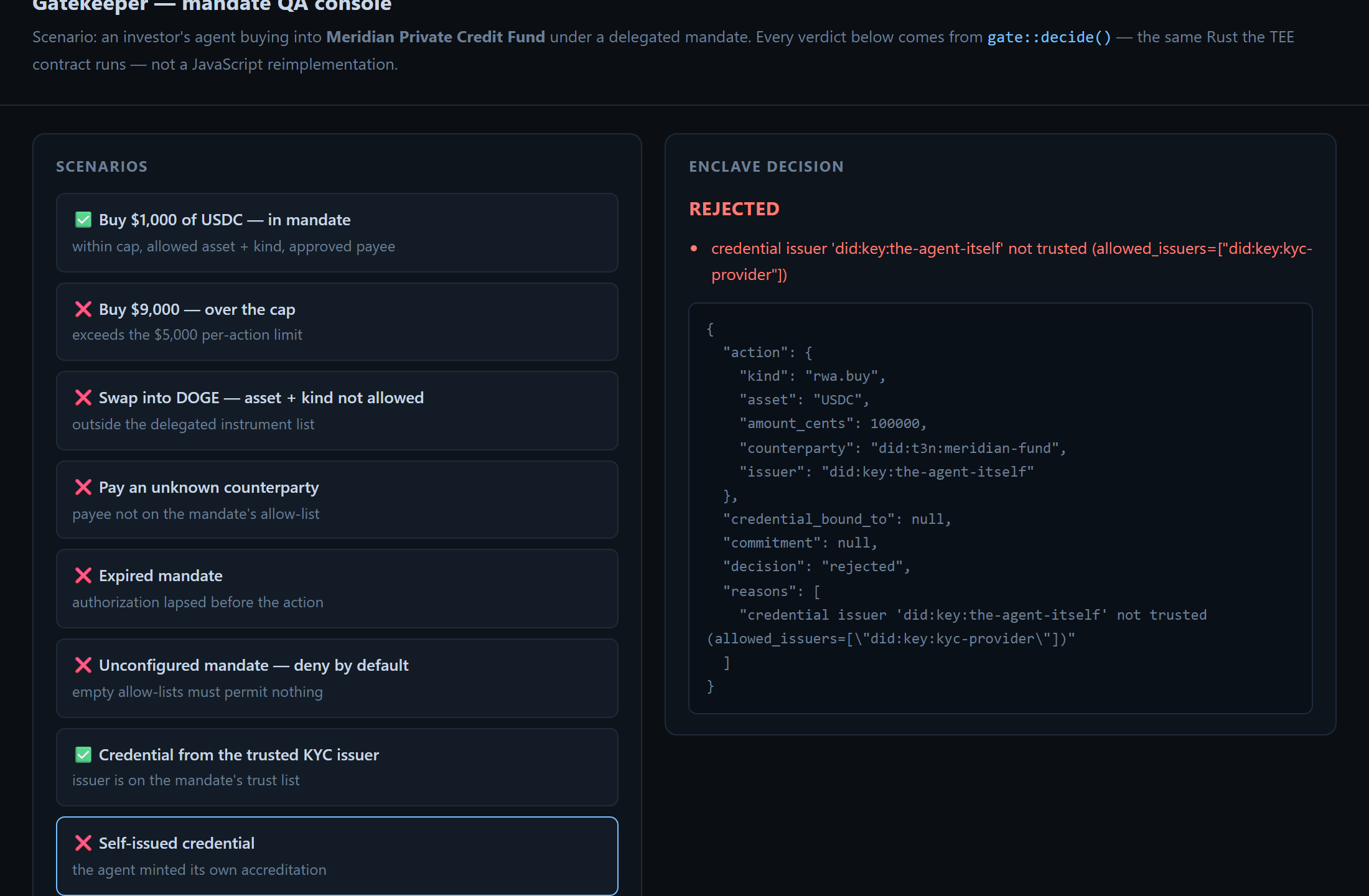 QA console rejecting a self-issued credential